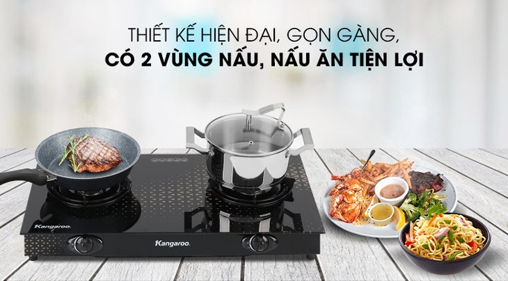 Bếp ga đôi Kangaroo KG8G1C sở hữu tông màu đen sang trọng, tạo điểm nhấn cho gian bếp 