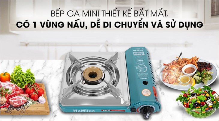 Bếp ga mini Namilux NH-P3031PS có thiết kế gọn đẹp, tinh tế, màu xanh ngọc lam nổi bật cùng 1 vùng nấu, cho phép bạn đặt gọn gàng trên bàn ăn