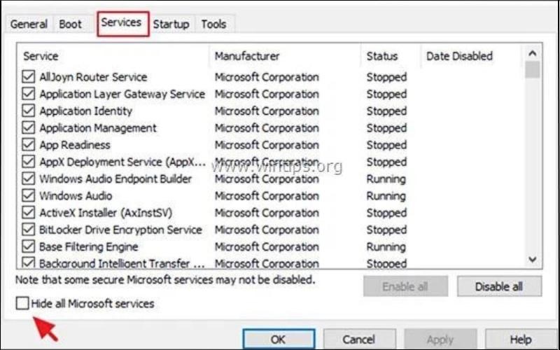Tại tab Services > Nhấn chọn Hide all Microsoft services