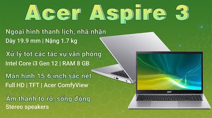 Laptop Acer Aspire 3 A315 59 314F i3 1215U/8GB/256GB/Win11 (NX.K6TSV.002) đến từ thương hiệu Acer nổi tiếng lâu đời là một sản phẩm bắt mắt, sang trọng phục vụ tốt nhu cầu văn phòng - học tập trong phân khúc laptop gái rẻ