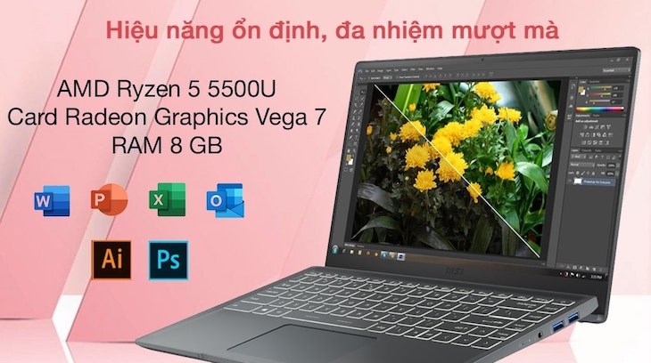 Laptop MSI Modern 14 B5M R5 5500U/8GB/512GB/Túi/Chuột/Win11 (203VN) với giá bán 12.490.000 đồng (giá cập nhật tháng 2/2023, có thể thay đổi theo thời gian) mang một vẻ ngoài thời thượng, nhỏ gọn, mức giá dễ tiếp cận và hiệu năng ấn tượng
