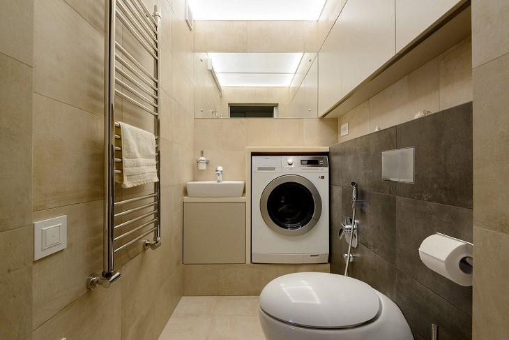 Should washing machines be placed in dry areas in the bathroom