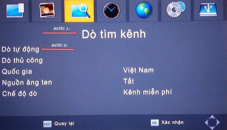 Bật đầu thu ở chế độ dò kênh, bạn có thể dò kênh tự động hoặc dò bằng tay theo tần số DVB T2