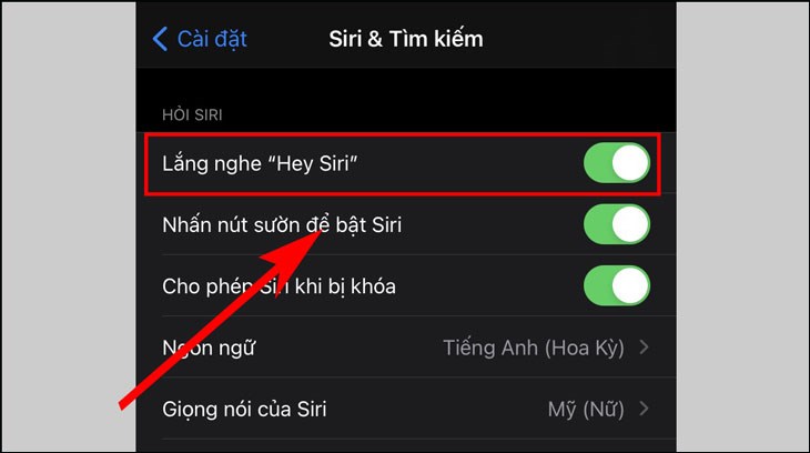 Thực hiện cho phép toàn bộ tính năng Siri tại mục Siri & Tìm kiếm