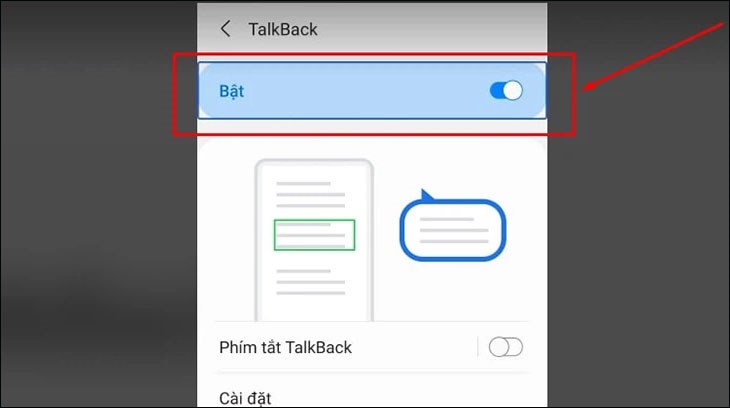 Nhấp vào nút Bật để tắt TalkBack