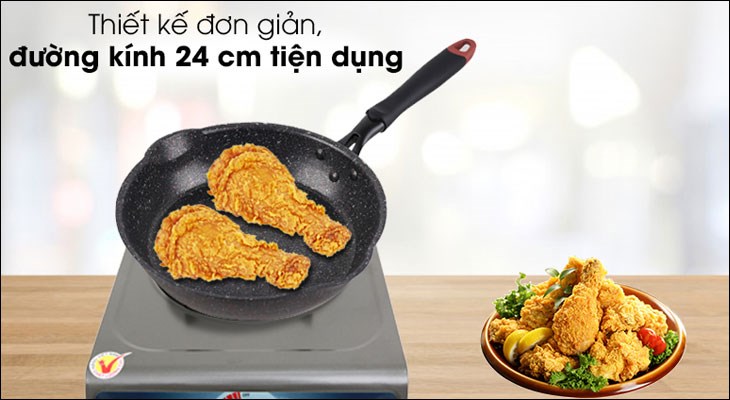 Chảo nhôm chống dính vân đá đáy từ 24 cm Kangaroo KG661S có đường kính 24cm, chiên được 2 đùi gà miếng lớn