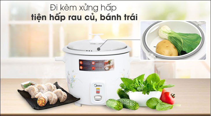 Xửng hấp đi kèm với nồi cơm điện nắp rời, giúp chế biến nhiều món ăn 