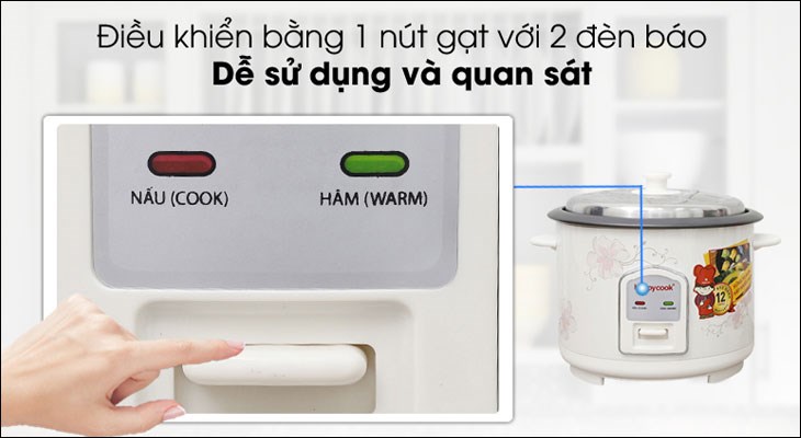 Nồi cơm điện nắp rời được trang bị nút gạt và đèn báo chế độ nấu dễ nhìn