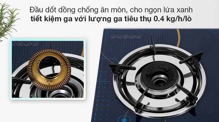 Bếp ga âm Kangaroo KG536B sử dụng đầu đốt bằng đồng thau bền bỉ, ít bị ăn mòn, nấu ngọn lửa xanh tiết kiệm gas và không làm đen đáy nồi chảo