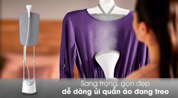 Bàn ủi hơi nước đứng Philips GC487 1800W có thiết kế gọn gàng, chiều cao dễ tùy chỉnh để ủi quần áo đang treo mà không cần cúi người 