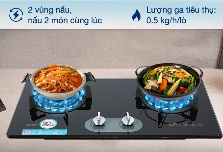 Bếp ga âm Rinnai RVB-220G(BG) có 2 vùng nấu cho phép bạn nấu nhiều món ăn