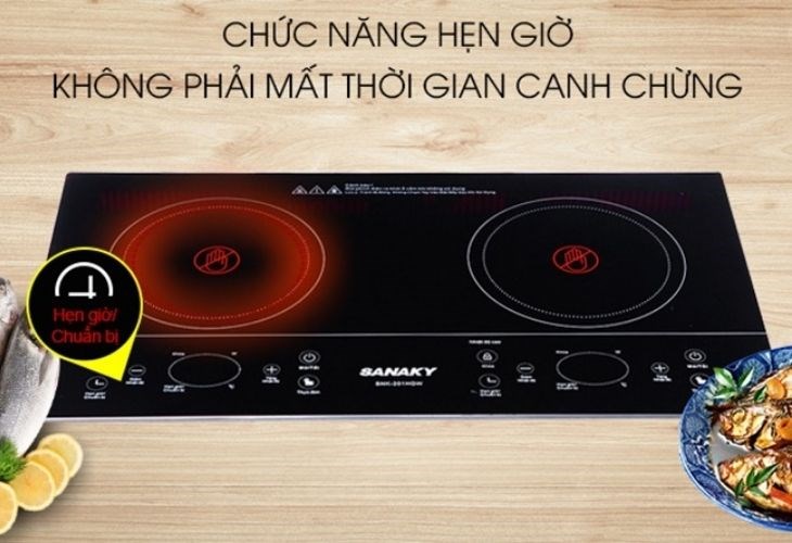 Chức năng hẹn giờ của bếp hồng ngoại đôi lắp âm Sanaky SNK-201HGW giúp bạn chủ động được thời gian nấu nướng