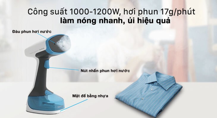 Bàn ủi hơi nước cầm tay Tefal DT7000E0 1200W có công suất lớn từ 1000 - 1200W cho lực phun hơi nước mạnh mẽ, ủi thẳng quần áo nhanh chóng 