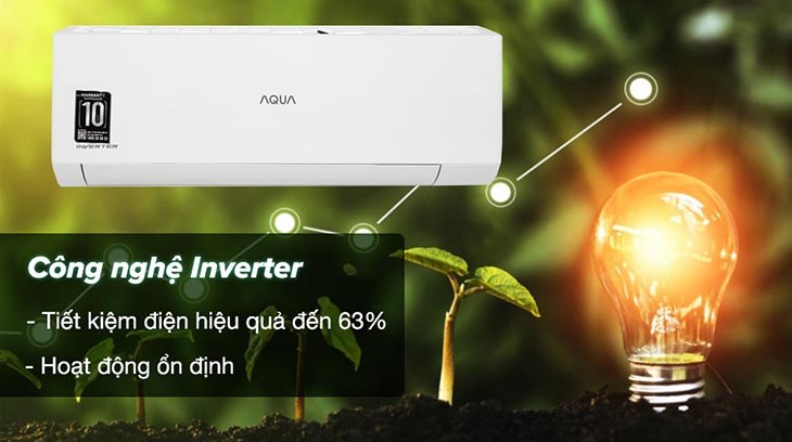 Máy lạnh Aqua Inverter 1 HP AQA-RV9QA trang bị công nghệ Inverter hoạt động êm ái, ổn định và không gây tiếng ồn