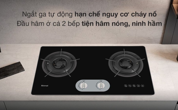 Bếp ga âm Rinnai RVB-220G(BG) được trang bị đầu hâm và tính năng ngắt gas tự động, mang lại trải nghiệm tốt cho người dùng trong quá trình nấu nướng