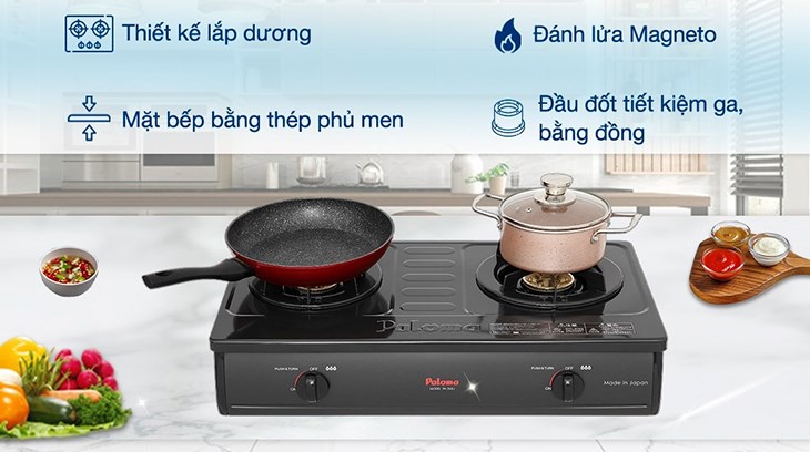 Bếp ga đôi Paloma PA-7MEJ được trang bị hệ thống đánh lửa Magneto, giúp hạn chế tình trạng rò rỉ ga khi sử dụng