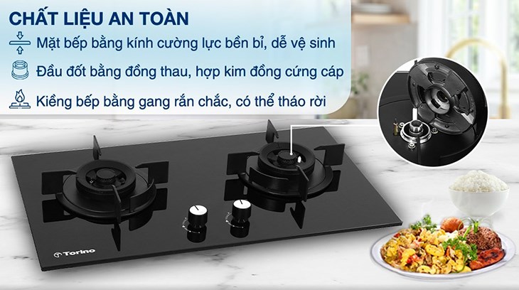 Bếp ga âm Torino MG-2021 có đầu đốt được làm từ đồng thau và hợp kim đồng, hạn chế móp méo khi sử dụng