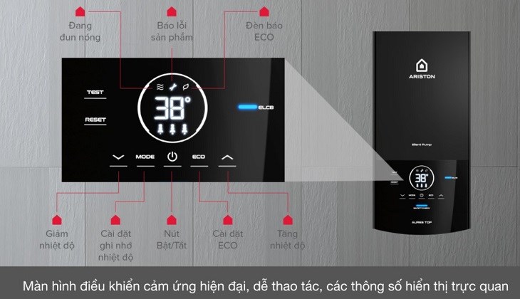Máy nước nóng trực tiếp Ariston 4500W AURES TOP 4.5P sử dụng điều khiển cảm ứng hiện đại với màn hình hiển thị thông số rõ ràng để thuận tiện cho việc sử dụng