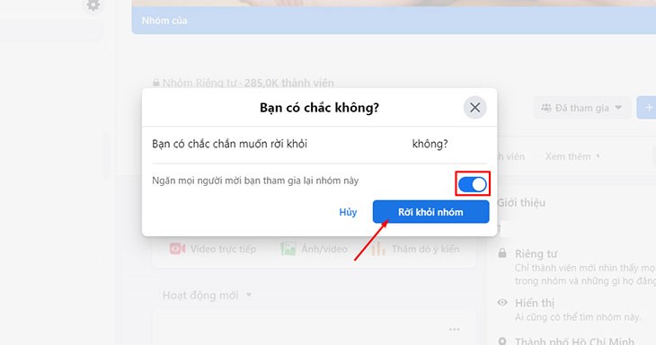 Bật chế độ Ngăn mọi người mời bạn tham gia lại nhóm này và chọn Rời khỏi nhom