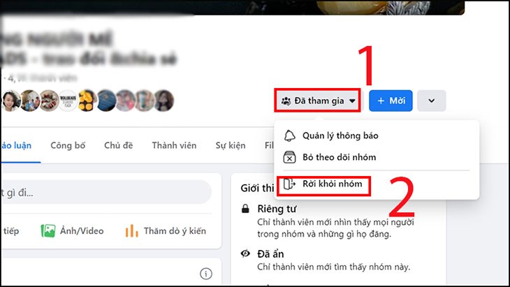 Bấm vào Đã tham gia và chọn Rời khỏi nhóm