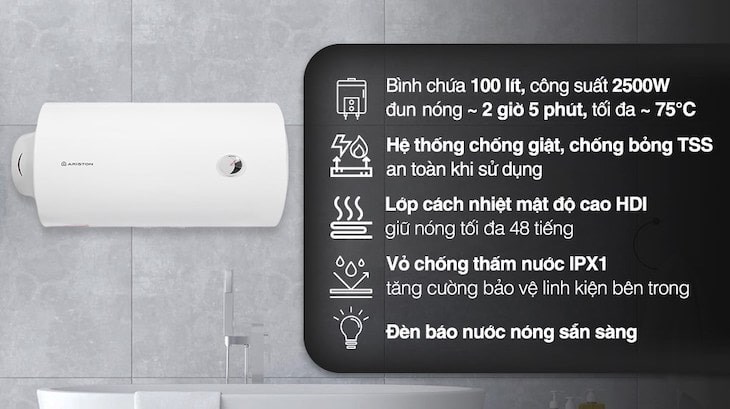 Máy nước nóng gián tiếp Ariston 100 lít PRO R 100 H 2.5 FE thiết kế sang trọng, dung tích lớn phù hợp với đại gia đình lên đến 10 người