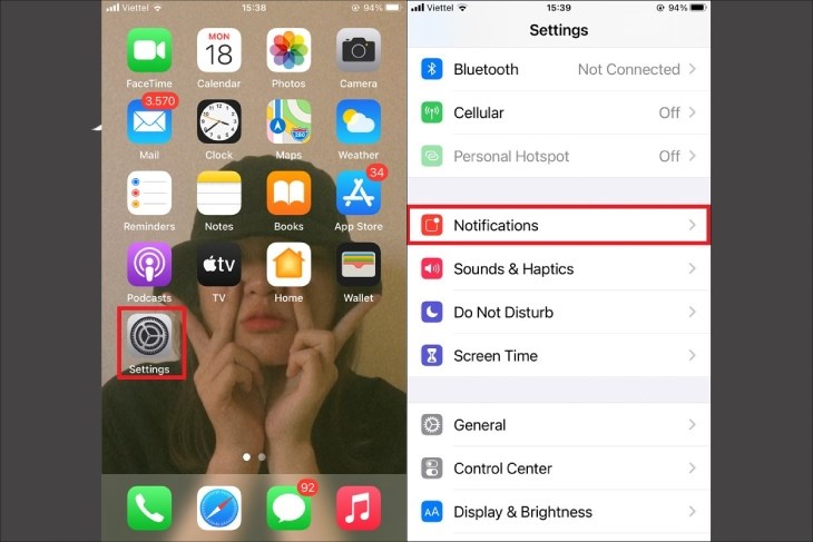 Bạn chọn chọn Notifications trong Settings