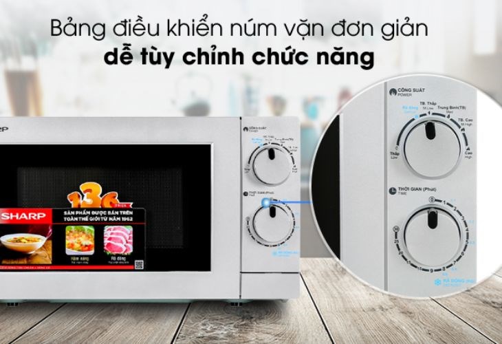 Lò vi sóng Sharp R-209VN-SK 20 lít có 6 mức công suất, hẹn giờ nấu đến 30 phút tùy chỉnh bằng núm xoay đơn giản