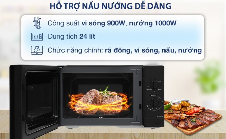 Lò vi sóng có nướng Panasonic NN-GM34NBYUE 24 lít hoạt động với công suất vi sóng 900W và nướng 1000W