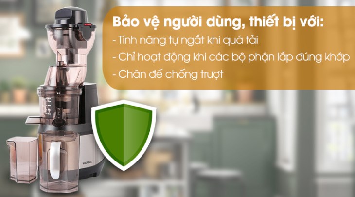 Máy ép chậm Hafele JE230-BL (535.43.531) được trang bị tính năng tự ngắt điện khi quá tải, giúp đảm bảo an toàn cho người dùng khi sử dụng