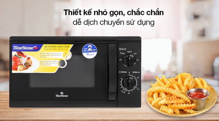 Lò vi sóng BlueStone MOB-7708B 20 lít có kiểu dáng nhỏ gọn, vỏ ngoài phủ gam màu đen tối giản, sang trọng