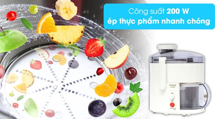 Máy ép trái cây Panasonic MJ-68MWRA có công suất 200W giúp ép thực phẩm nhanh chóng