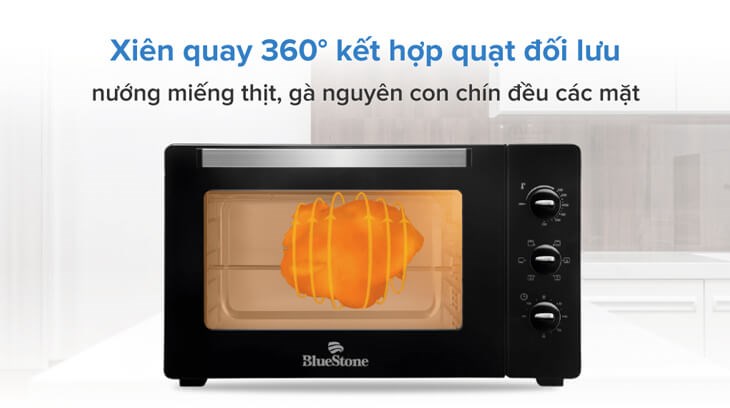 Lò nướng BlueStone EOB-7588 42 lít trang bị xiên quay 360 độ kết hợp với quạt đối lưu giúp thực phẩm chín đều, thơm ngon