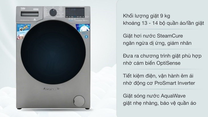 Máy giặt Beko Inverter 9 kg WCV9749XMST trang bị nhiều công nghệ, trong đó có công nghệ hơi nước giúp ngăn ngừa dị ứng khi mặc quần áo hiệu quả