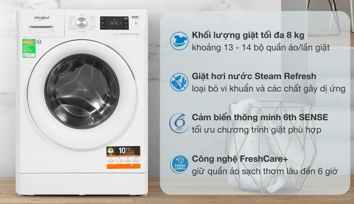Máy giặt Whirlpool Inverter 8 Kg FFB8458WV EU có khả năng tối ưu chương trình giặt, cho hiệu quả giặt sạch tối ưu