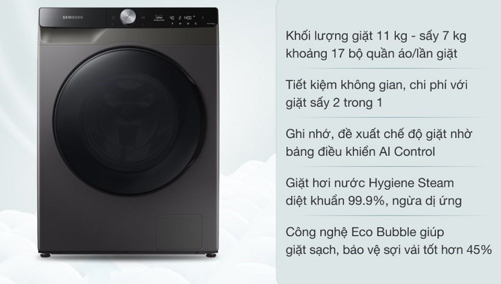 Máy giặt sấy Samsung AI Inverter 11kg WD11T734DBX/SV tích hợp chức năng giặt và sấy trên cùng một thiết bị, thuận tiện cho việc sử dụng