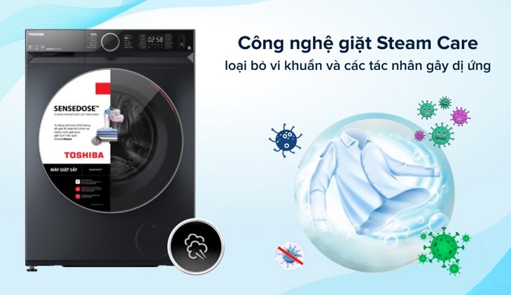 Máy giặt sấy Toshiba Inverter 12.5 kg TWD-BM135GF4V(MG) trang bị công nghệ hơi nước Steam Care diệt khuẩn hiệu quả, bảo vệ sức khỏe người dùng tối ưu