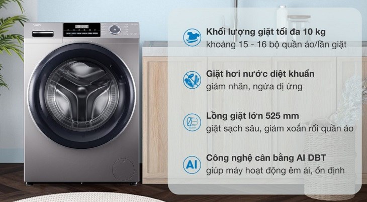 Máy giặt Aqua Inverter 10 kg AQD-A1002G S thiết kế lồng giặt lớn tạo điều kiện đánh bay vết bẩn trên quần áo dễ dàng hơn