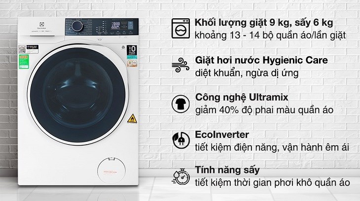 Bên cạnh tính năng giặt hơi nước tiện lợi, máy giặt sấy Electrolux Inverter giặt 9 kg - sấy 6 kg EWW9024P5WB còn giúp gia đình tiết kiệm điện, nước trong quá trình sử dụng