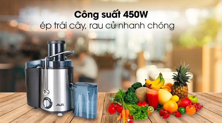 Máy ép trái cây AVA AJ02 hoạt động với công suất 450W, giúp bạn ép trái cây, rau củ nhanh chóng, từ đó tiết kiệm điện năng