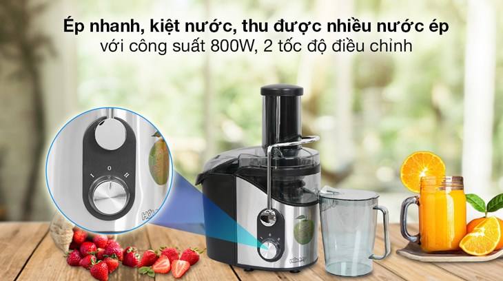 Máy ép trái cây Hommy GS-329 giúp bạn ép nhanh, kiệt nước, thu được nhiều nước ép nhờ công suất 800W cùng 2 tốc độ tùy chỉnh