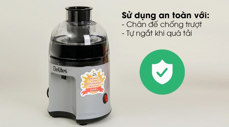 Máy ép trái cây Delites GS-375 được trang bị tính năng tự ngắt khi quá tải và chân đế chống trượt, đảm bảo an toàn khi sử dụng