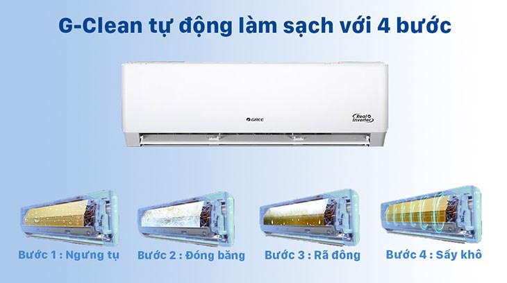 Điều hòa 2 chiều Gree Inverter 1 HP GWH09PA-K6D1P4 trang bị chế độ tự làm sạch G-Clean giúp tự động làm sạch dàn lạnh, ngăn ngừa mùi hôi