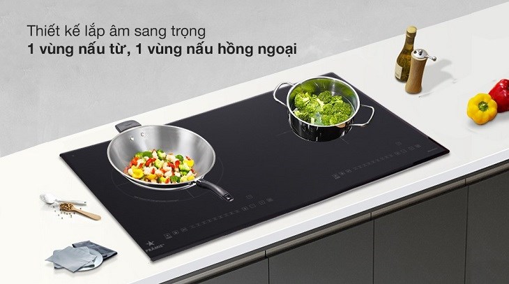 Bếp từ hồng ngoại lắp âm Pramie 2108 có 1 bên là bếp từ và 1 bên là bếp hồng ngoại, thuận tiện khi nấu nướng