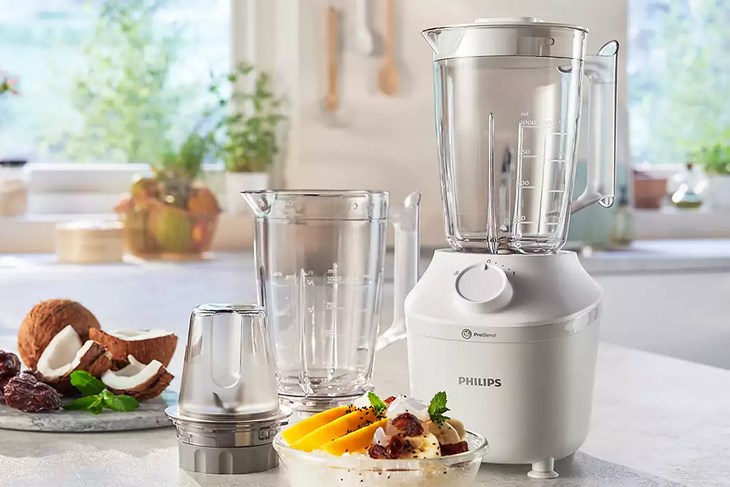Máy xay sinh tố đa năng Philips HR2041/50 - 3 cối có thiết kế độc đáo, hiện đại với tông màu trắng nhã nhặn