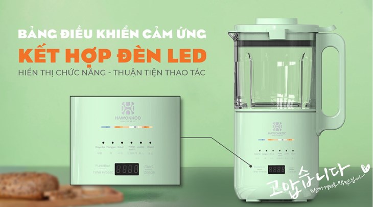 Máy làm sữa hạt Hawonkoo SMH-120-GE có bảng điều khiển cảm ứng kết hợp đèn LED hiển thị, cho bạn dễ dàng theo dõi và tùy chỉnh chính xác