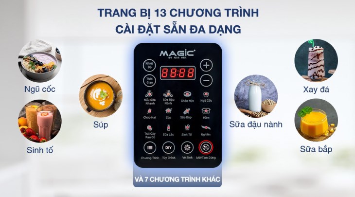 Máy làm sữa hạt đa năng Magic A-96 bạc được trang bị 13 chương trình cài đặt sẵn, đáp ứng nhu cầu đa dạng của người dùng