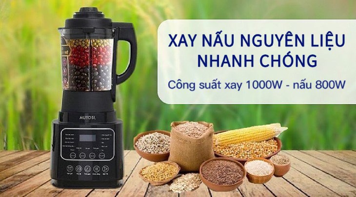 Máy làm sữa hạt đa năng Mutosi MM-S613 sở hữu công suất 1000W, có thể vừa xay vừa nấu chín ngay ở trong cối, vô cùng tiện lợi 