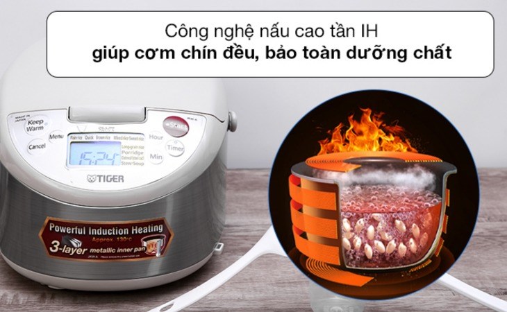 Nồi cơm điện cao tần Tiger 1 lít JKW-A10W sở hữu công nghệ nấu cao tần IH giúp nấu cơm chín đều mà vẫn giữ nguyên được dưỡng chất