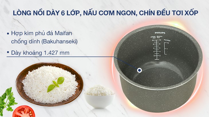 Nồi cơm điện tử Philips 1.8 lít HD4515/55 làm bằng chất liệu cao cấp với lòng nồi dày, chống dính tốt, gia nhiệt đều cho hạt cơm chín nhanh, xốp mềm