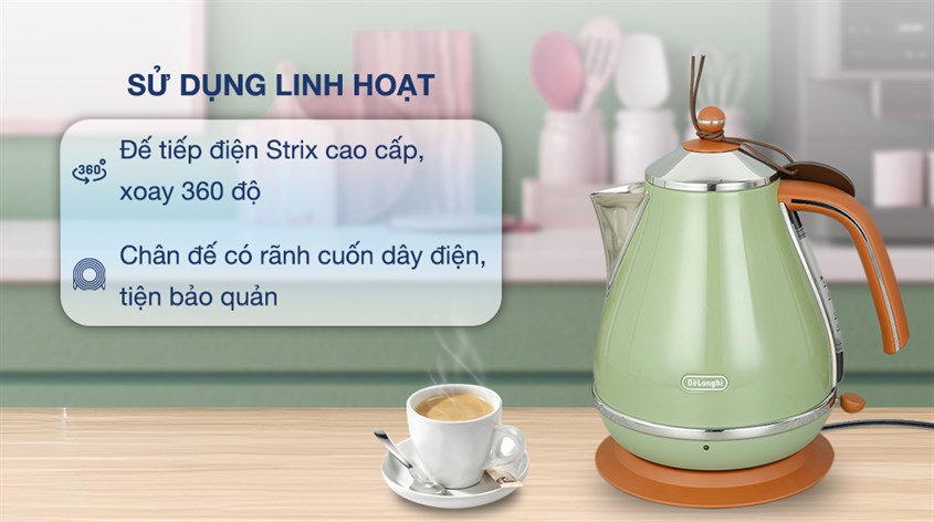 Bình đun siêu tốc Delonghi 1.7 lít KBOV2001.GR có vỏ bình được làm bằng kim loại không gỉ, sáng bóng và ruột làm từ inox 304, đảm bảo độ bền bỉ và dễ dàng trong việc vệ sinh